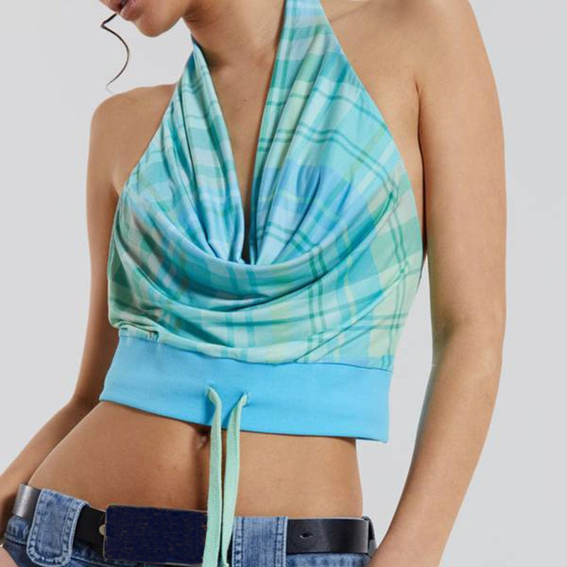 Lizakosht Plaid Halter Crop Tops Female Sleeveless Drawstring Patchwork Vest for Women Hotsweet Style Fashion 2023 Summer New