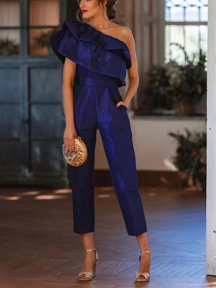 Lizakosht  Sexy Skew Collar Ruffles Straight Romper Elegant Solid Off Shoulder Office Playsuits Women Fashion Backless Pocket Slim Jumpsuit