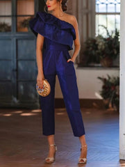 Lizakosht  Sexy Skew Collar Ruffles Straight Romper Elegant Solid Off Shoulder Office Playsuits Women Fashion Backless Pocket Slim Jumpsuit
