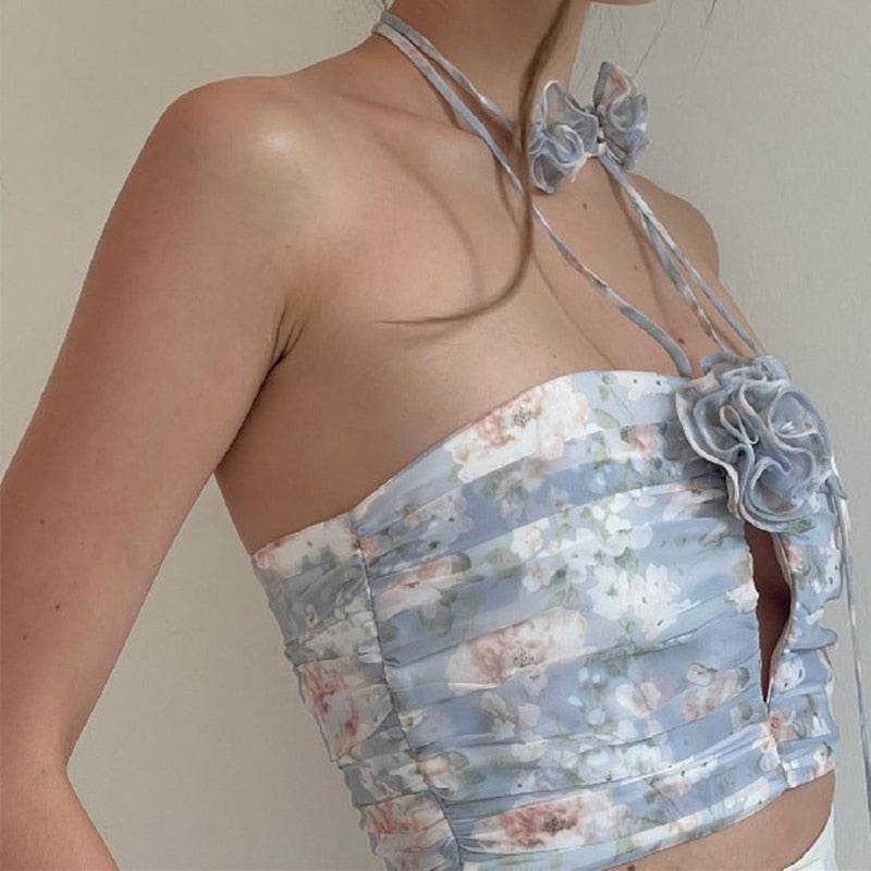 Lizakosht Floral Print Vest for Women Halter Hollow Out Patchwork Three -dimensional Flowers Crop Tops Female Summer New