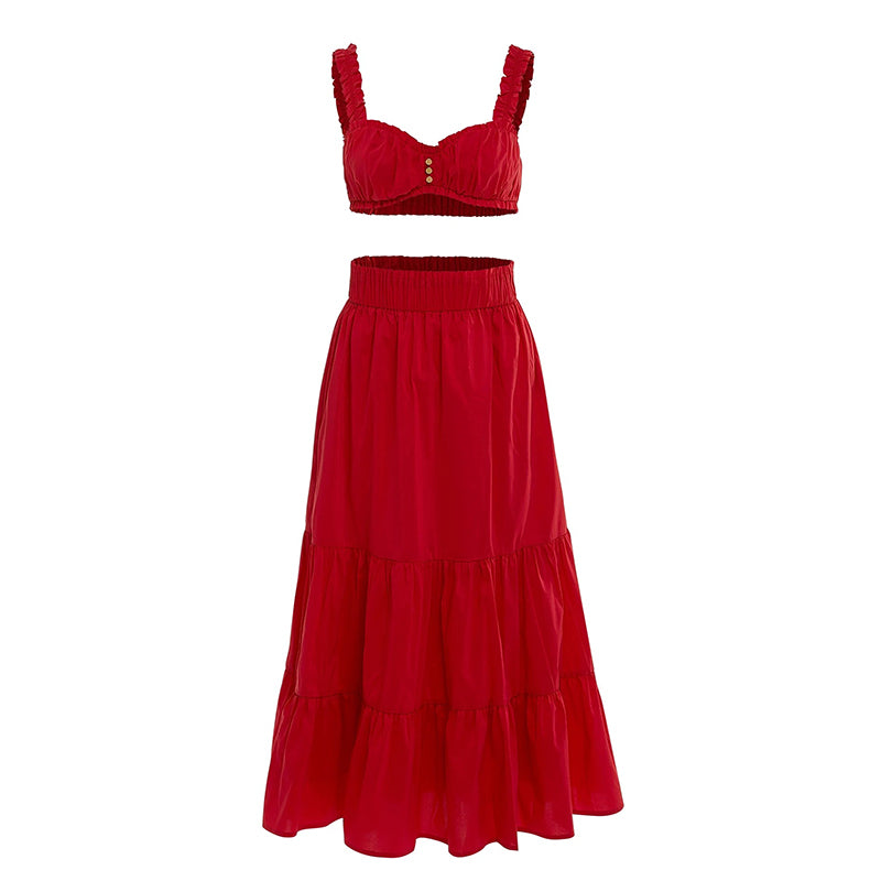 Summer Women'S Word-neck Suspenders Sleeveless Red Cropped Top Sexy Open Back Casual Black Stitching Skirt Two-piece