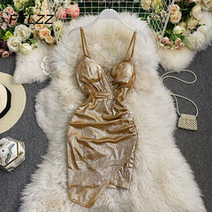 Bronzing Folds Sexy Dress Women Summer V Neck Party Mini Dresses Woman Slim Short Slit Spaghetti Strap Dress Vestidos