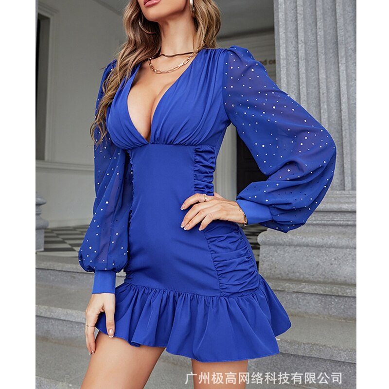 Lizakosht Women Dress Summer Sexy Solid Color Ruffles Stitching Sequins Dress Women Lantern Sleeve V-neck High Waist Mesh Pleats Dress
