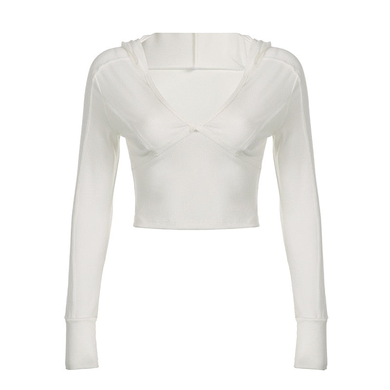 Lizakosht Fashion Hooded Long Sleeve T Shirt Women Spring Summer Slim Fit Solid Color Cropped Tops Y2k Patchwork Streetwear Tshirt