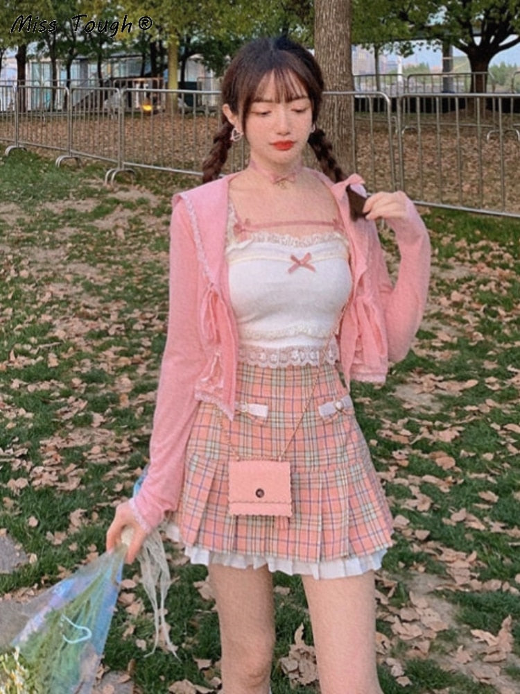 Pink Japanese Kawaii Lolita Crop Top Women White Korean College Style Sweet Tank Top Bow Lace France Princess Vset Female 2022