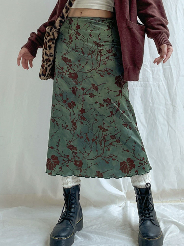 Lizakosht  Vintage Printed Long Skirt Women Y2k Grunge Green Cottagecore Low Waist Slim Straight Midi Skirt Girls 90s Aesthetic