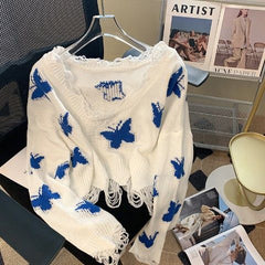 Butterfly knitted top off-shoulder ripped short summer new Korean style lazy commuter style short sweater women sweater