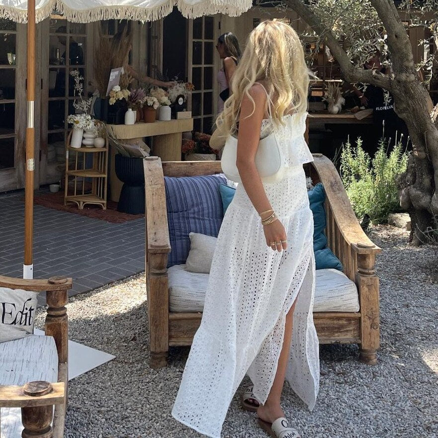 Lizakosht Boho Beach Party Two-Piece Skirt Suits Women White Cutout Matching Sets Spaghetti Straps Ruffles Crop Tops+Long Skirt