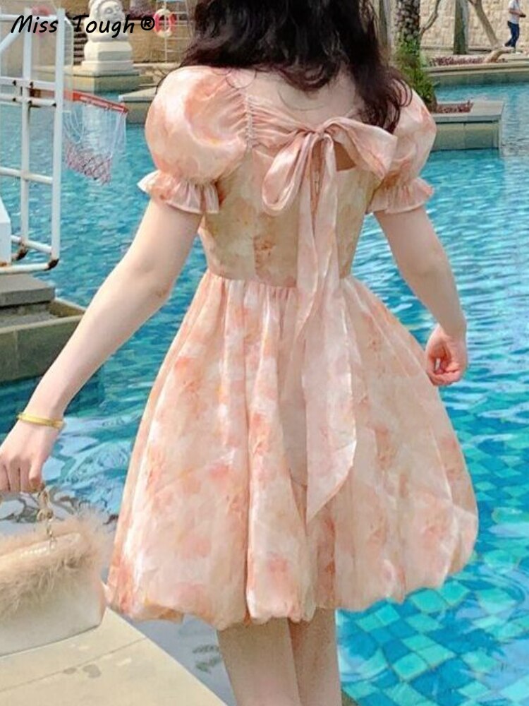 Summer Chiffon Printing Bow Sweet Dress Women Designer Bandage Backless Kawaii Dress Female Korean Glitter Cute Mini Dress 2022