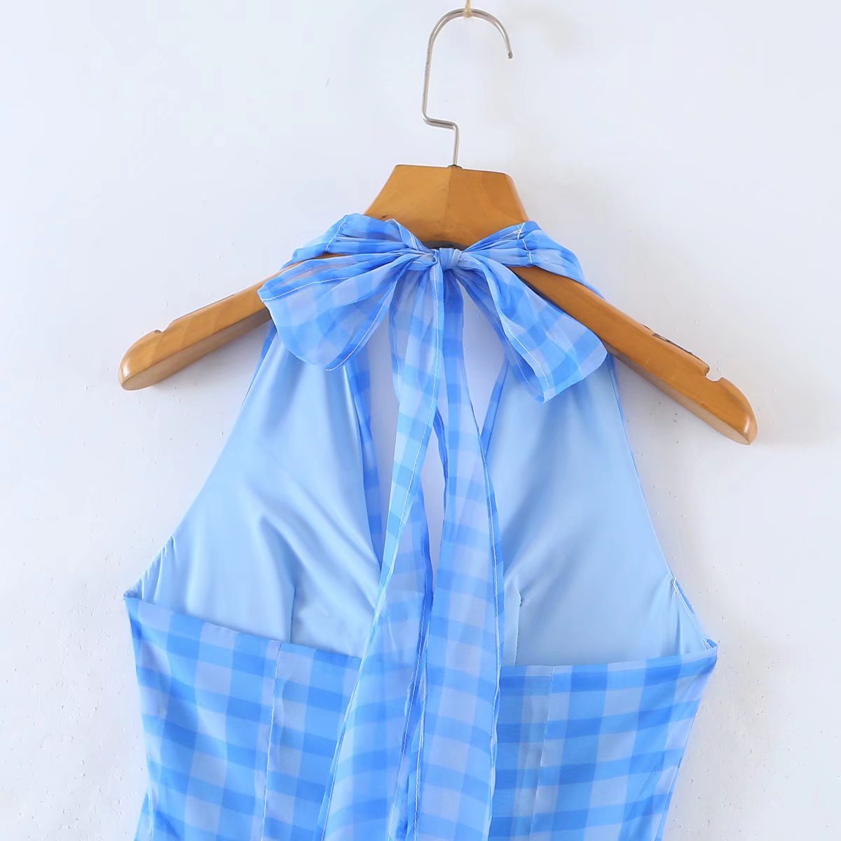 Lizakosht Romantic Women Blue Plaid Halter Long Dress Sexy Backless Sleeveless Ladies Holiday Summer Dresses Fairy Robe