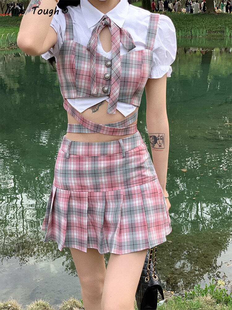 Lizakosht Summer Sexy Two Piece Skirt Set Women Patchwork Plaid Korean Fashion Skirt Suit Female Casual Japanese Party Mini Skirt Set