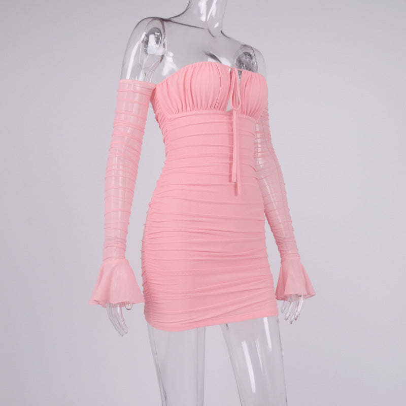 Lizakosht  Mesh Sexy Dress for Women 2022 Slash Collar Flared Sleeves Lace-up Mini Bodycon Dress Boat Neck Pleated Tight Dress