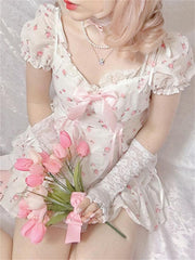 Lolita Ruffle Floral Dress Women Rose Print Sundress E-girl Elegant Korean Fashion Fairy Mini Dress Mori Girl Flower Y2k Robe BF