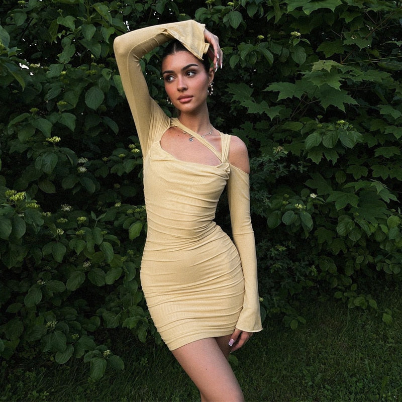 Lizakosht Fashion Flare Sleeve Sexy Cut Out Ruched Dress Outfits Women Party Club Summer Mesh Sheer Dresses Bodycon Clothes