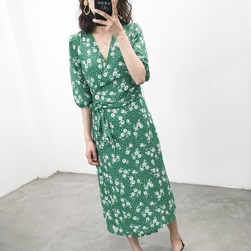 Lizakosht Women Dress New Vintage Floral printing Waist Wrap tea midi dress Long One-Piece Dress
