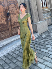 Elegant Women Green Satin Backless Mixi Dress Palace Short Sleeve Lace V-Neck Bandage Vintage Bodycon Dress Robe Summer Vestidos