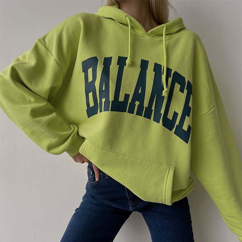 Lizakosht Hip Hop Green Letter Print Loose Hoodies Women Long Sleeve Drawstring Sports Sweatshirt Men Streetwear Autumn American Stylish