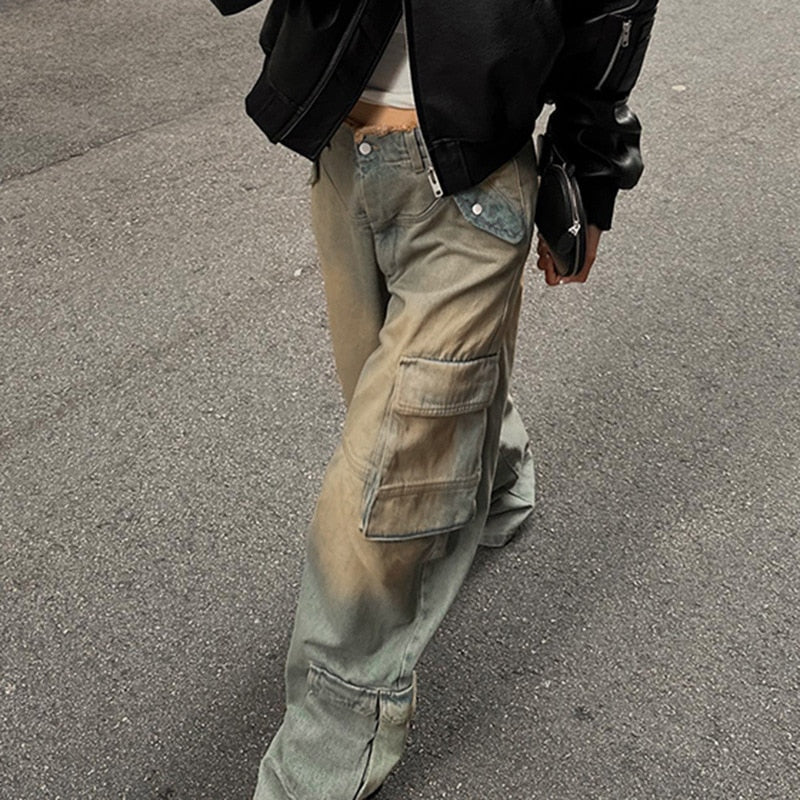 Lizakosht Retro Vintage Distressed Washed Jeans Women Low Waisted Loose Pocket Patchwork Raw Edge Straight Leg Casual Pants