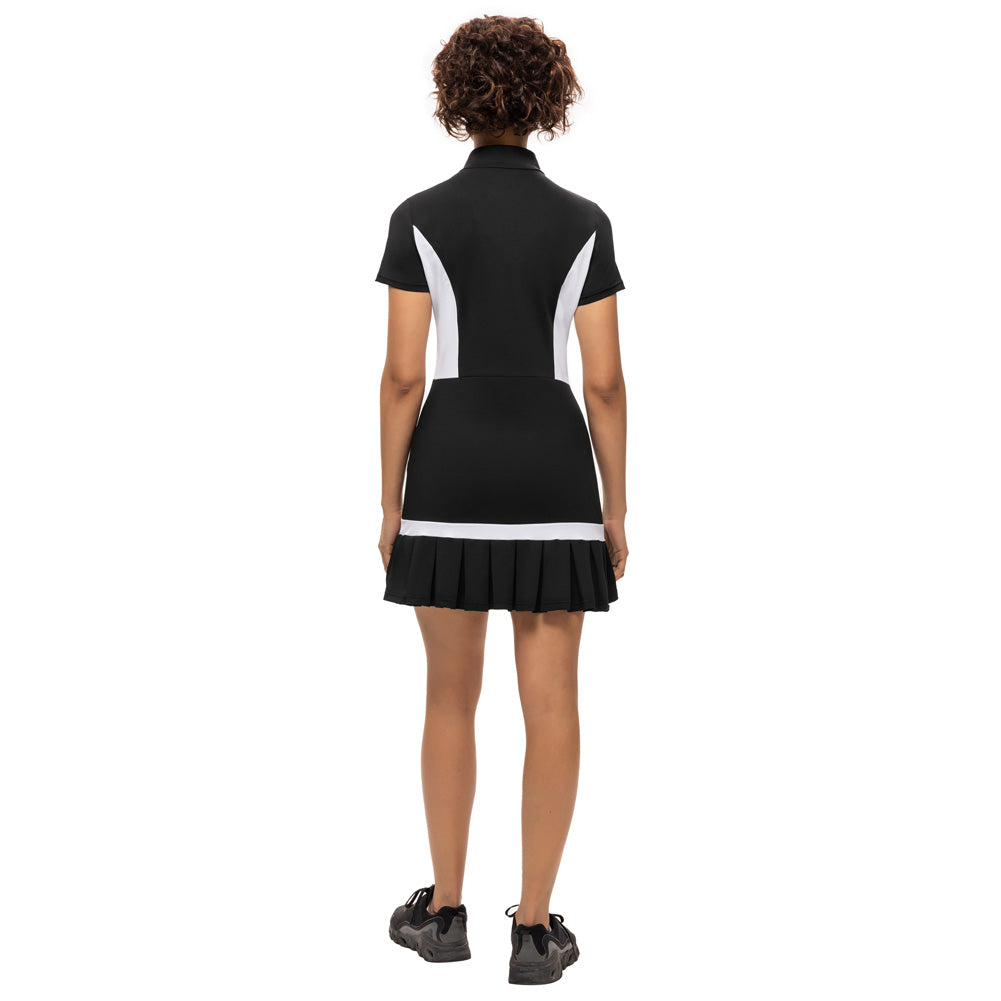 JS Women Mini Dress Tennis & Golf Contrast Color Sports Dress Fashion Summer New Short Sleeve Zipper Stand Collar Dress + Boxer