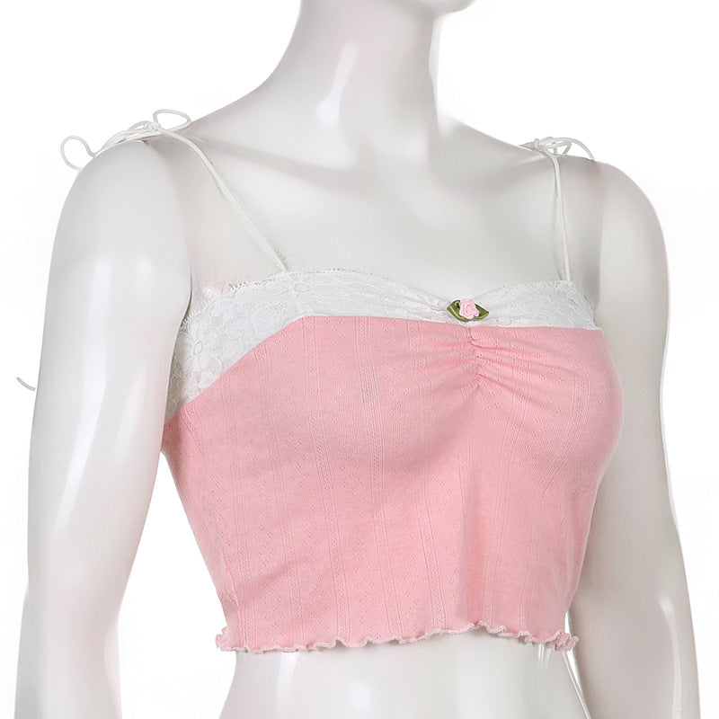 Lizakosht  Solid Color Lace Stitching Lace-up Vest Pleated 2022 New Summer Navel Small Flower Square Collar Suspender Female
