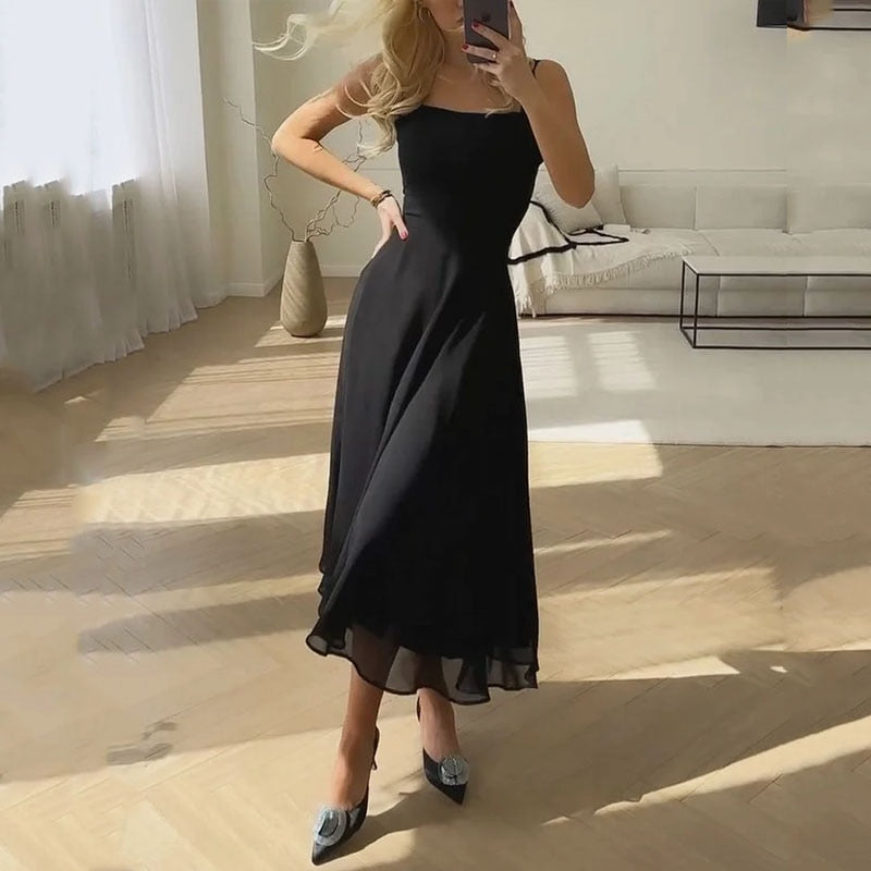 Lizakosht Women Dress Fashion Summer Sling Square Neck Sleeveless Nipped Waist Solid Elegant Loose Beach Dresses High Streetwear