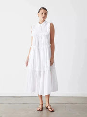 Lizakosht Daily Holiday Style Small Pure White Organic Cotton Sleeveless Dress with Wooden Ears