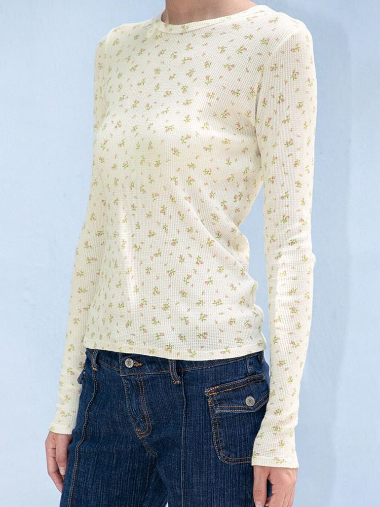 Lizakosht Sweet Floral Print Waffle T-shirts Women Vintage Cute Round Neck Slim Long Sleeve T Shirt Women Casual Harajuku Y2k Crop Top