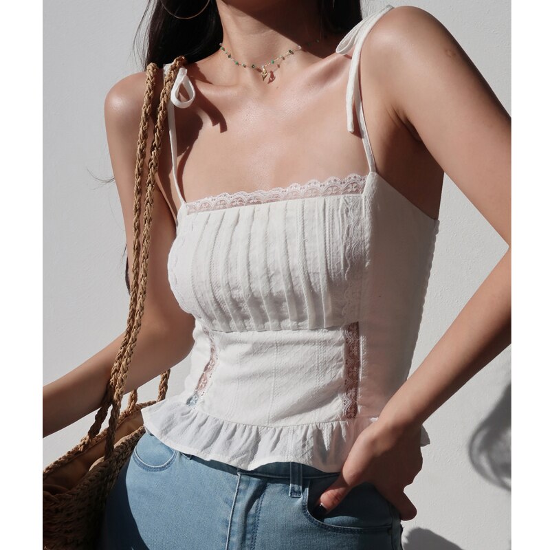 French Fashion Street Style 2022 Spring New Sexy Lace Camisole Women's Solid Color Slim Fit Waist Folds Tank Tops CLA1
