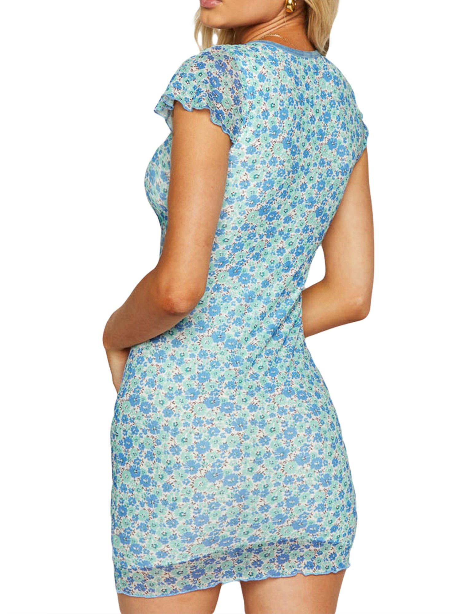Lizakosht Women's Summer Y2K Vintage Short Skinny Dress Blue Short Butterfly Sleeve V Neck Slim Fit Floral Skinny Mini Sundress