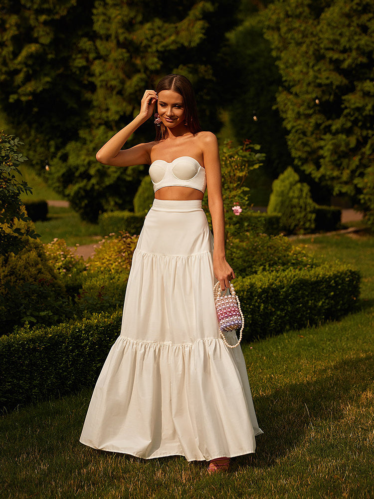 Summer Women'S One Word Collar Sleeveless Solid Color Sexy Open-back Short Top Street High Waist Skirt Pink Dress Two-piece Set