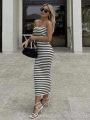 Lizakosht Fashion Women Zebra Printed Straight Elastic Knitted Midi Dress Summer Strapless For Holiday High Street Femme Vestidos