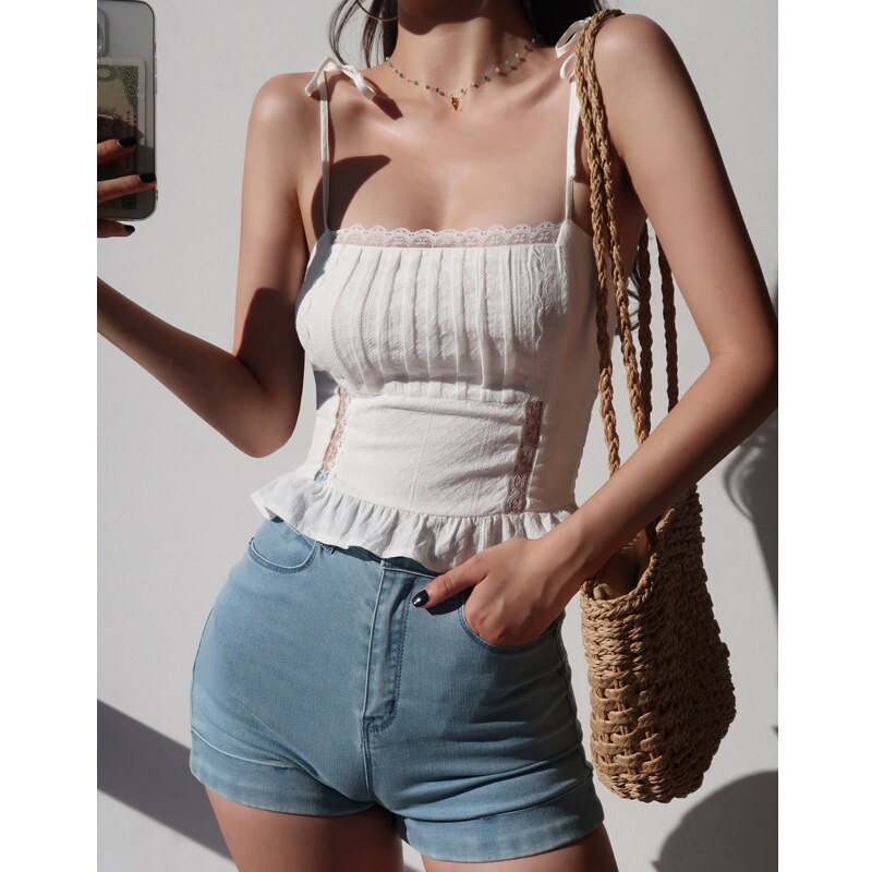 French Fashion Street Style 2022 Spring New Sexy Lace Camisole Women's Solid Color Slim Fit Waist Folds Tank Tops CLA1