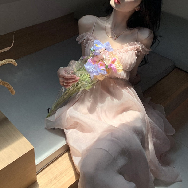 Elegant Strap Sleeveless High Waist Dresses For Women 2022 Summer Pink Sweet Fairy Dress Women Korean Fashion Party Dress