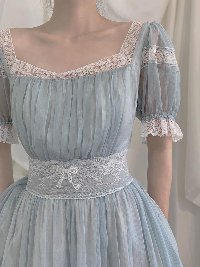 Fairy Party Dress Women Summer Vintage Blue Lace Meash Princess Dress Kawaii Lolita Elegant Casual One Piece Vestido
