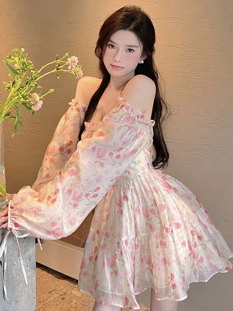 Holiday Chiffon Floral Dress Long Sleeve Women Summer Dress Oversized Off Shoulder Sexy High Waist Sweet Mini Beach Dress