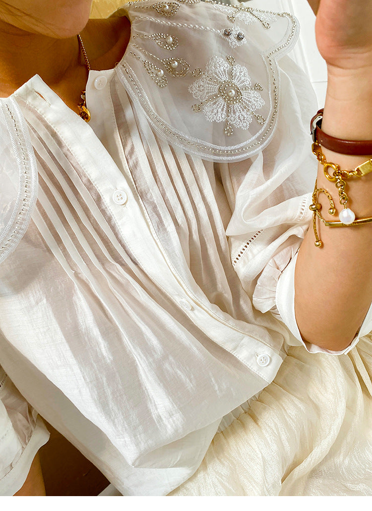 GypsyLady Elegant Chic White Blouse Shirt Loose Floral Embroidery Summer Women Blouse Lantern Sleeve Beading Office Ladies Tops