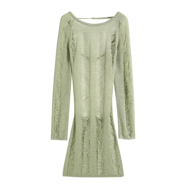 Lizakosht  Women Umbra Shredded London Backless Long Sleeve Laddered Knit Mini Dress