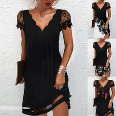 Lizakosht   Women Elegant Dresses Summer V Neck Lace Short Sleeve Dress Sexy Printed Plus Size Female Dresses Black Party Dress Vestidos