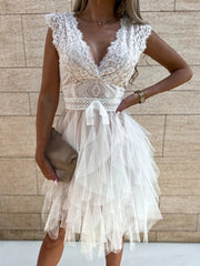 Lizakosht  Women Sexy V Neck Mini Dress Elegant Embroidery Crochet Lace Patchwork Double Ruffle Short Dress Summer Sleeveless Party Dresses