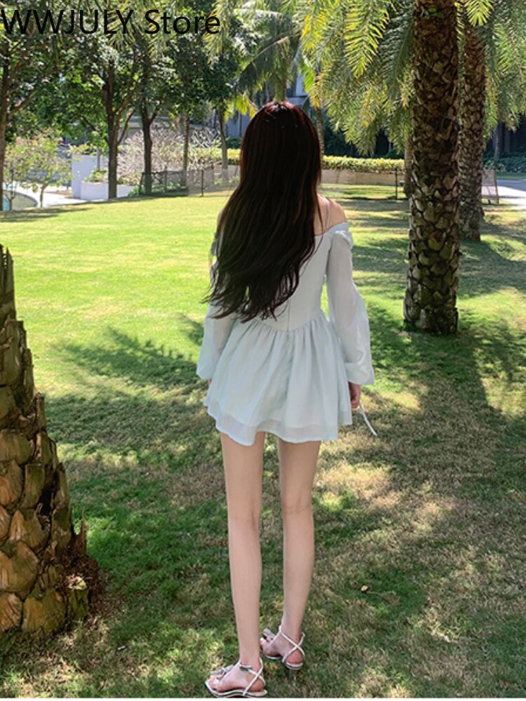 Lizakosht  Summer Pure Color Short Party Dress Woman Long Sleeve Sweet Y2k Mini Dress Casual Elegant One Piece Dress Korean Design