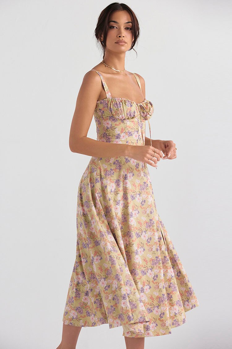 Lizakosht Summer Women'S Dress One Word Neck Suspender Strap Off Shoulder Sleeveless Dress Sexy Open Back Slit Floral Dresses
