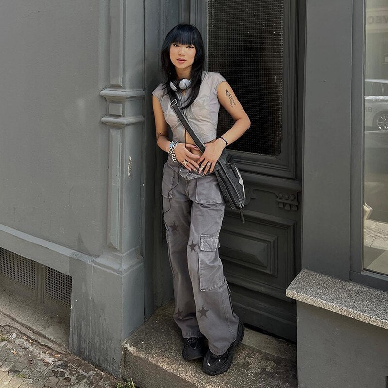 Lizakosht Vintage Women Straight Denim Pants Big Pockets Star Print Long Pants Cargo Trousers Women Retro Hotgirl Grunge Clothes
