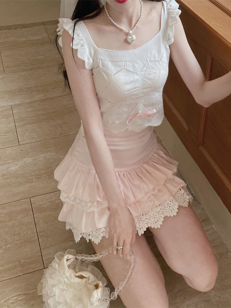 Pink Lace Kawaii Mini Skirt Women Summer Japanese Lolita Sweet Skirt Female Casual Korean Fashion Designer Cute Skirt 2022 New