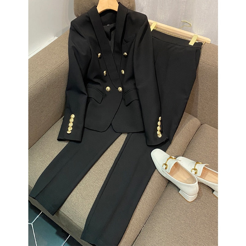 Office Ladies women's pantsuit Red Pink Business Classic Double-breasted Buttons Nine Blazer Pants Set Two Piece Formal Suits