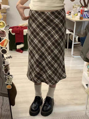 Lizakosht American Vintage Plaid Midi Skirt Woman A-line High Waist Long Skirts Summer School Style Y2k Classic Cotton Faldas Chic