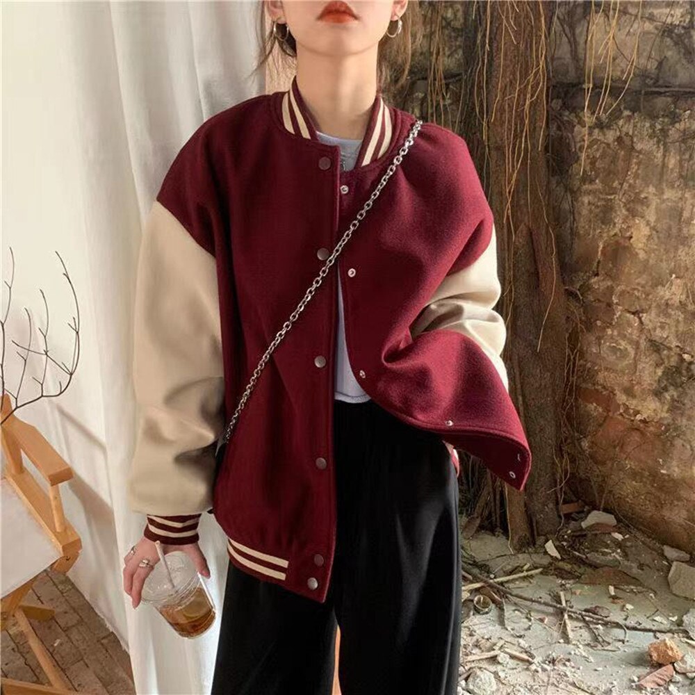 Vintage Baseball Jacket Coat Women Oversized 2022 Spring Korean Loose Patchwork Pocket Outerwear Girls Tops Sweatshirt
