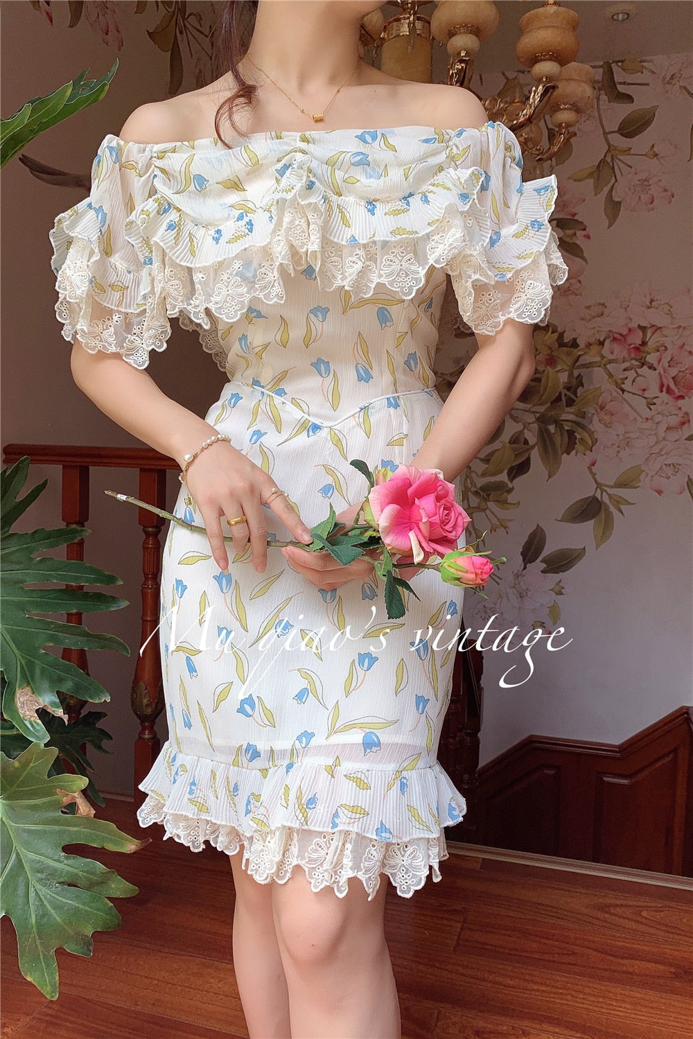 Lizakosht Dress For Women Vintage Elegant Slim Sexy Lace Slash Neck Floral Print Mini Dress Korean Fashion Summer Chiffon Bodycon Dress