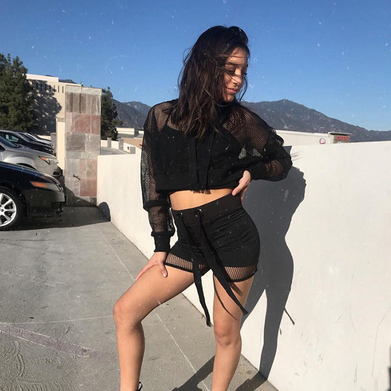 Lizakosht  Women Sexy Mesh Hooded Sweatshirt Spring Autumn Long Sleeve Transparent Fishnet Crop Top 2022 Casual Pullover White Black Tee