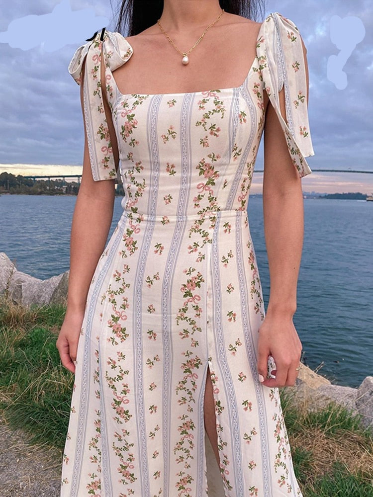 Lizakosht  Spring Summer French Style Print Midi Dress Lace Up Strapy Beige Floral Vintage Slip Dress Boho Women New Sundress Sleeveless