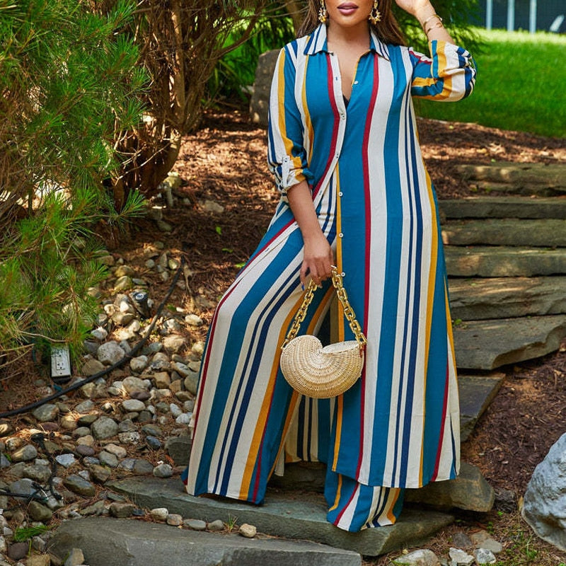 Fashion Lapel Buttoned Long Sleeve Tops & Straight Pants Suit Women Striped Printed 2 pcs Outfits Autumn Casual Loose Office Set